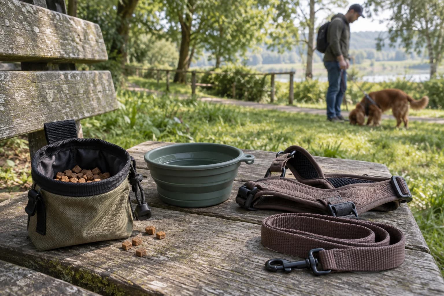 Small training treats, water bowl, harness and leash prepared on a quiet park bench before a short session