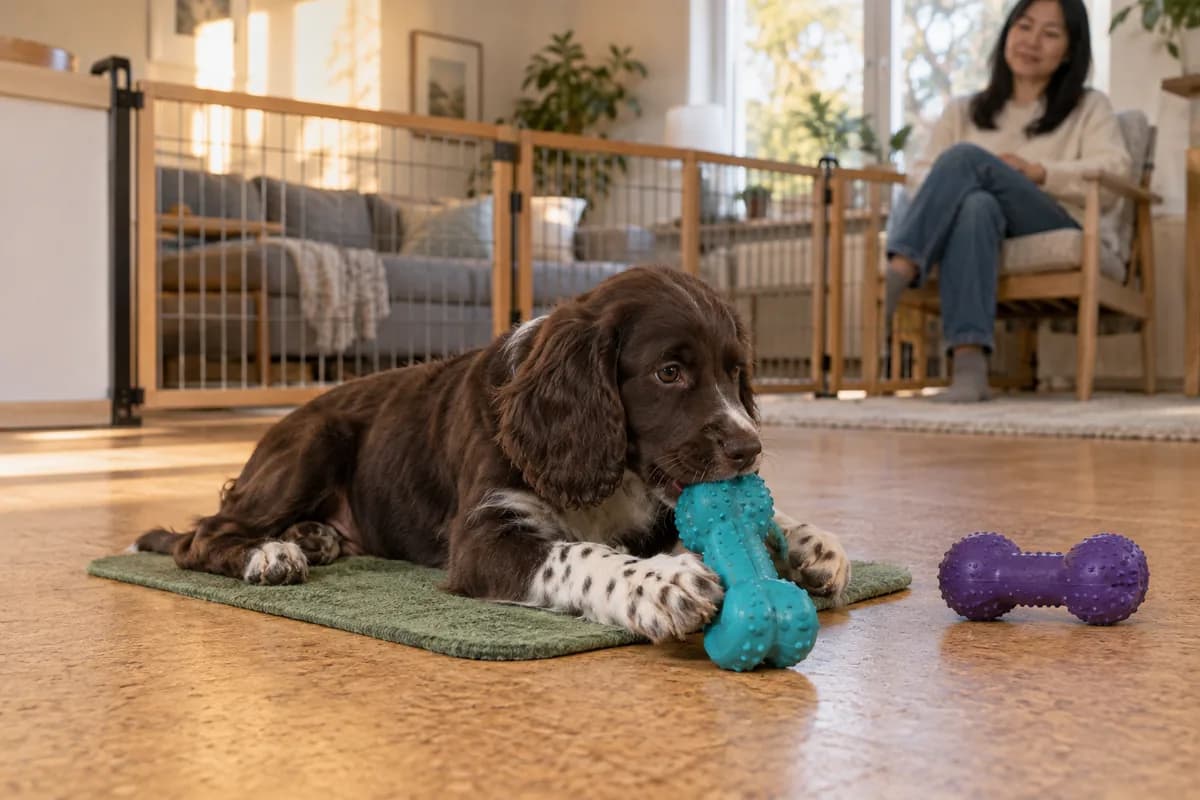 Un chiot cocker mâche un grand jouet turquoise sur un tapis vert sous la surveillance calme d'une femme, loin des meubles protégés