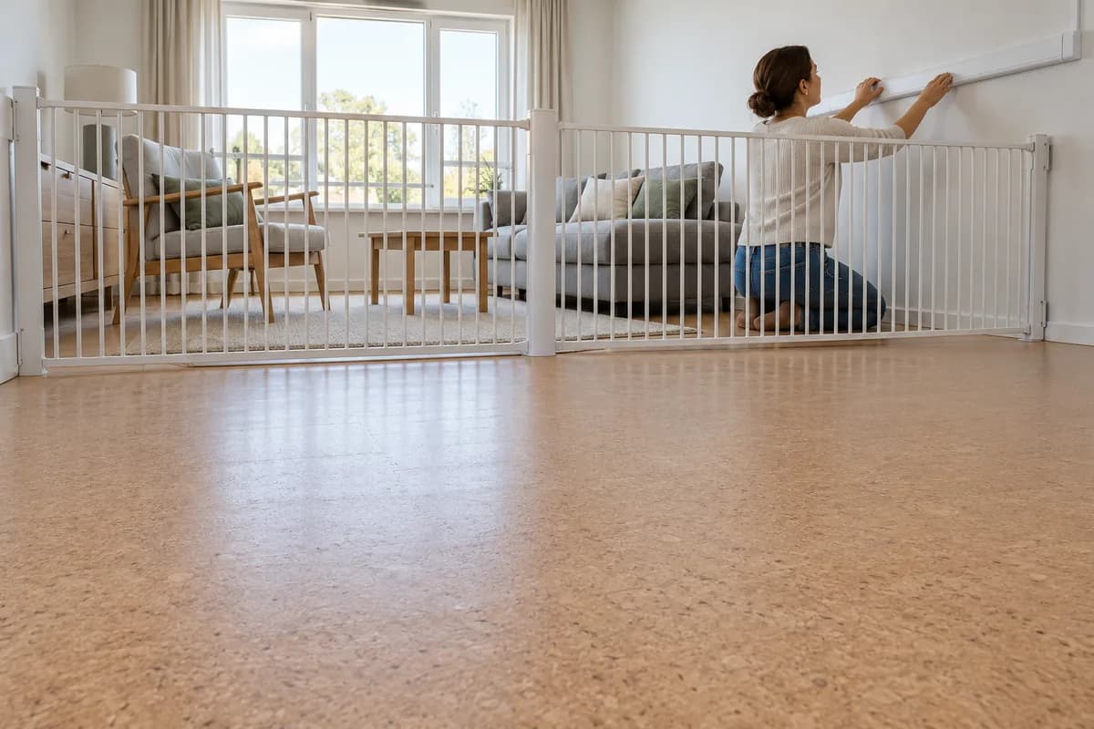 Une adulte ferme une goulotte pour câble derrière une barrière stable qui sépare les meubles d'un sol en liège dégagé