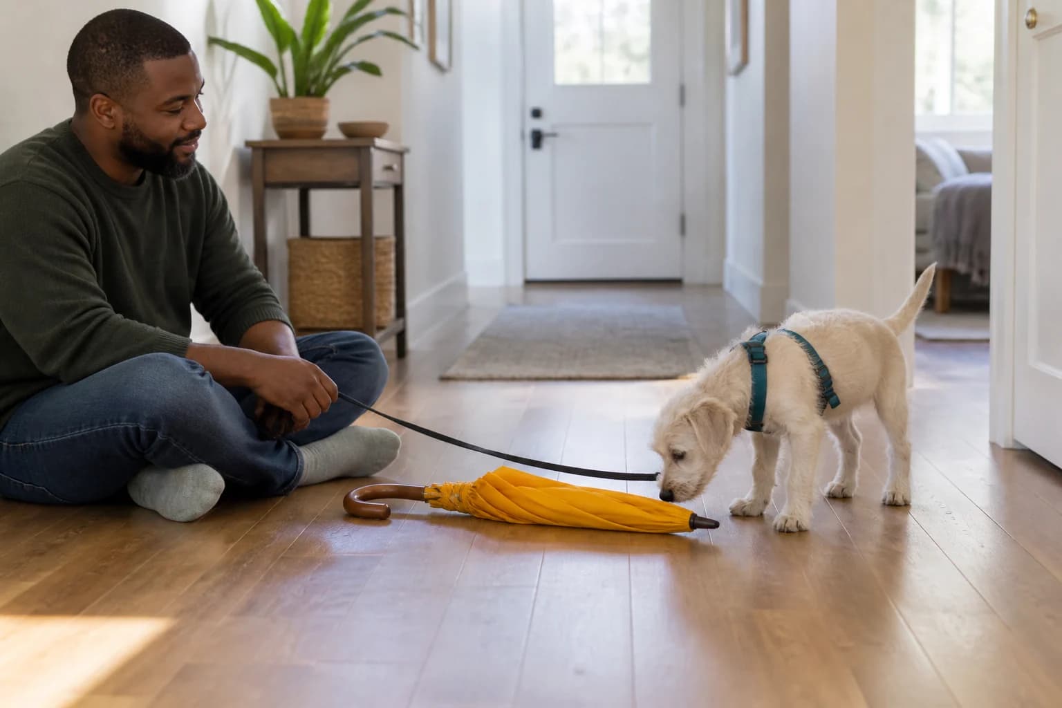 Cream puppy voluntarily sniffs a closed yellow umbrella while its seated handler keeps the leash loose in a bright hallway