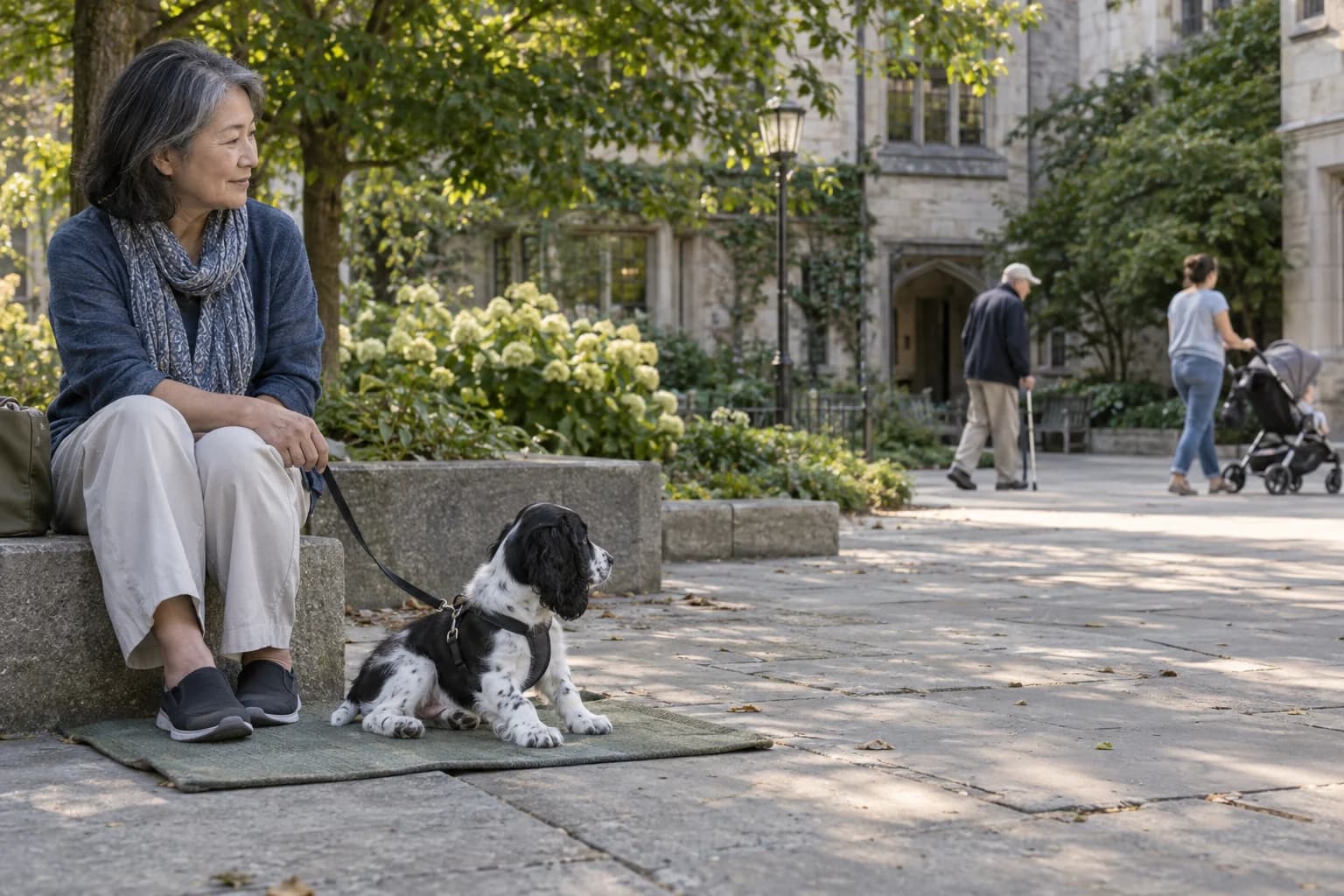 Spaniel puppy observes a person with a cane and a stroller from a mat beside its handler in a quiet courtyard