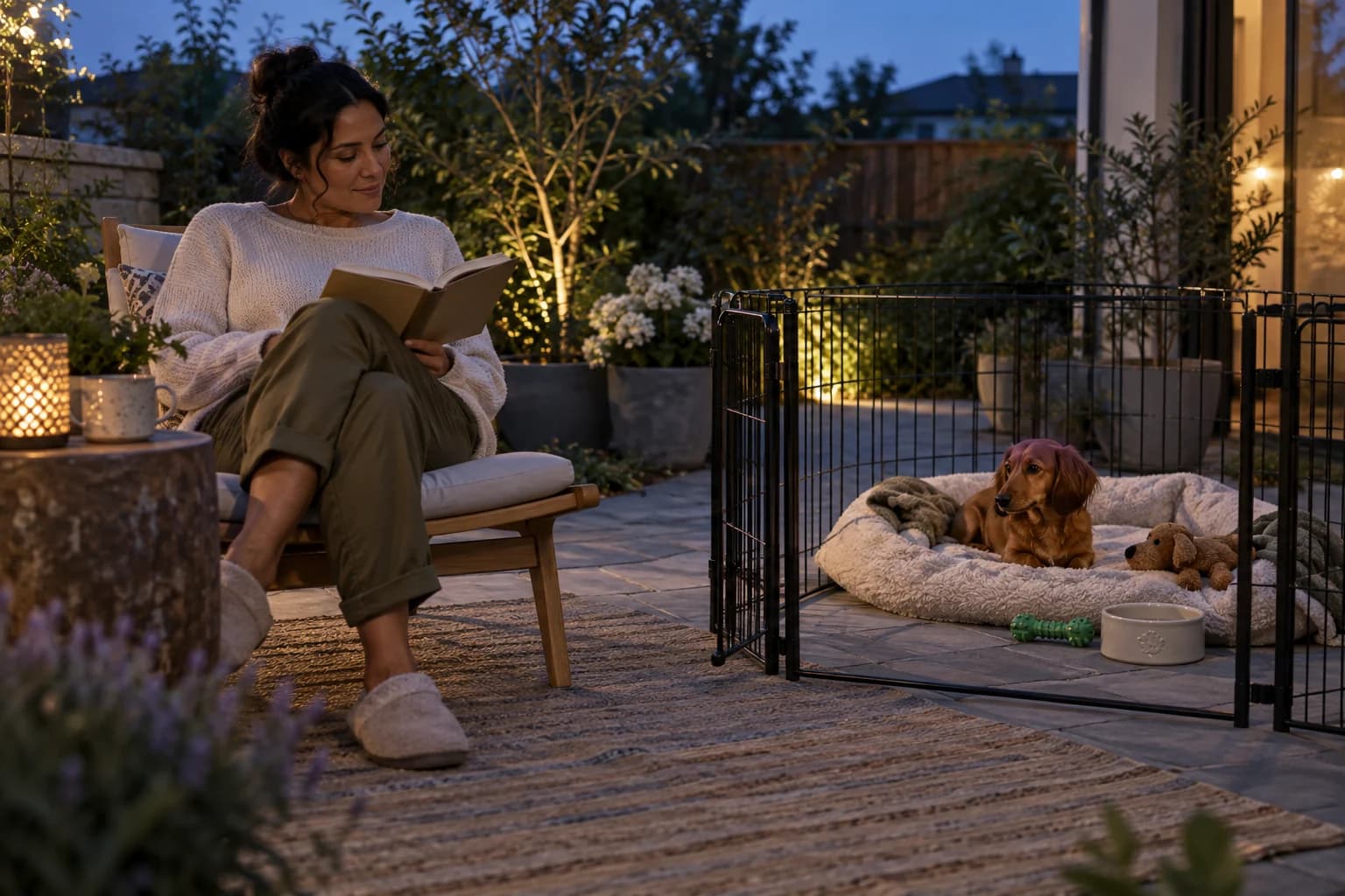 Dachshund puppy rests in a comfortable pen on a garden patio while its handler reads nearby after a short outing