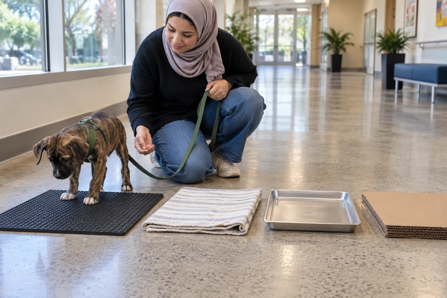 Brindle puppy explores a rubber mat beside separate fabric, metal tray, and cardboard surface stations in a bright corridor