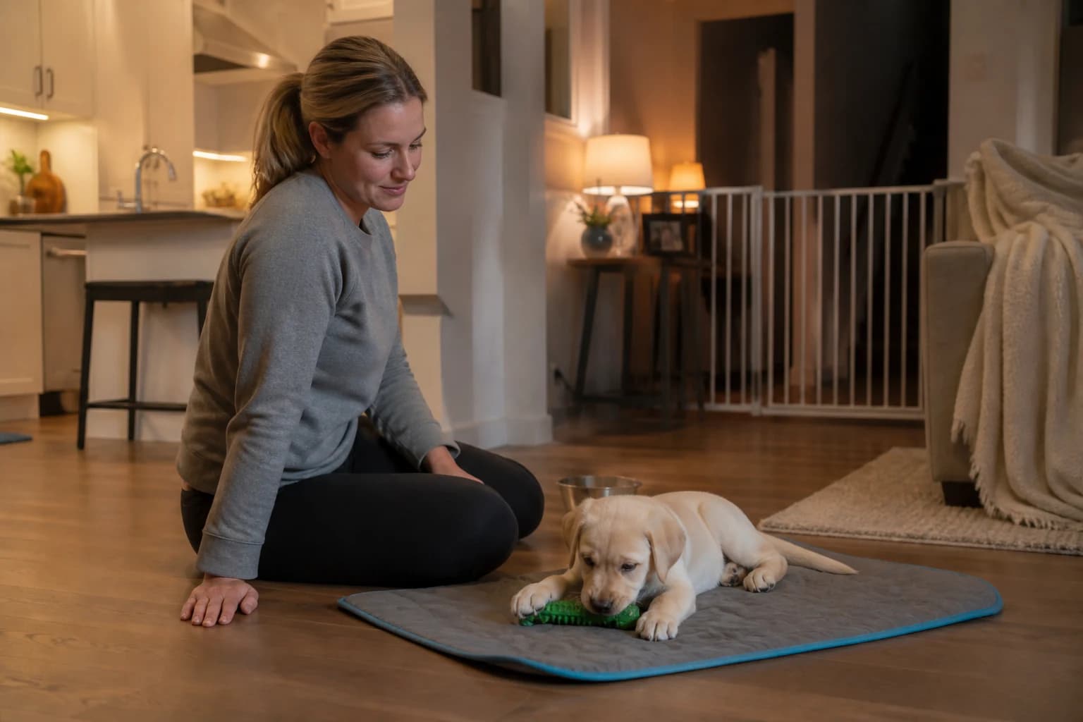 Woman sits quietly beside a cream Labrador puppy chewing a safe toy on a mat in a softly lit evening room