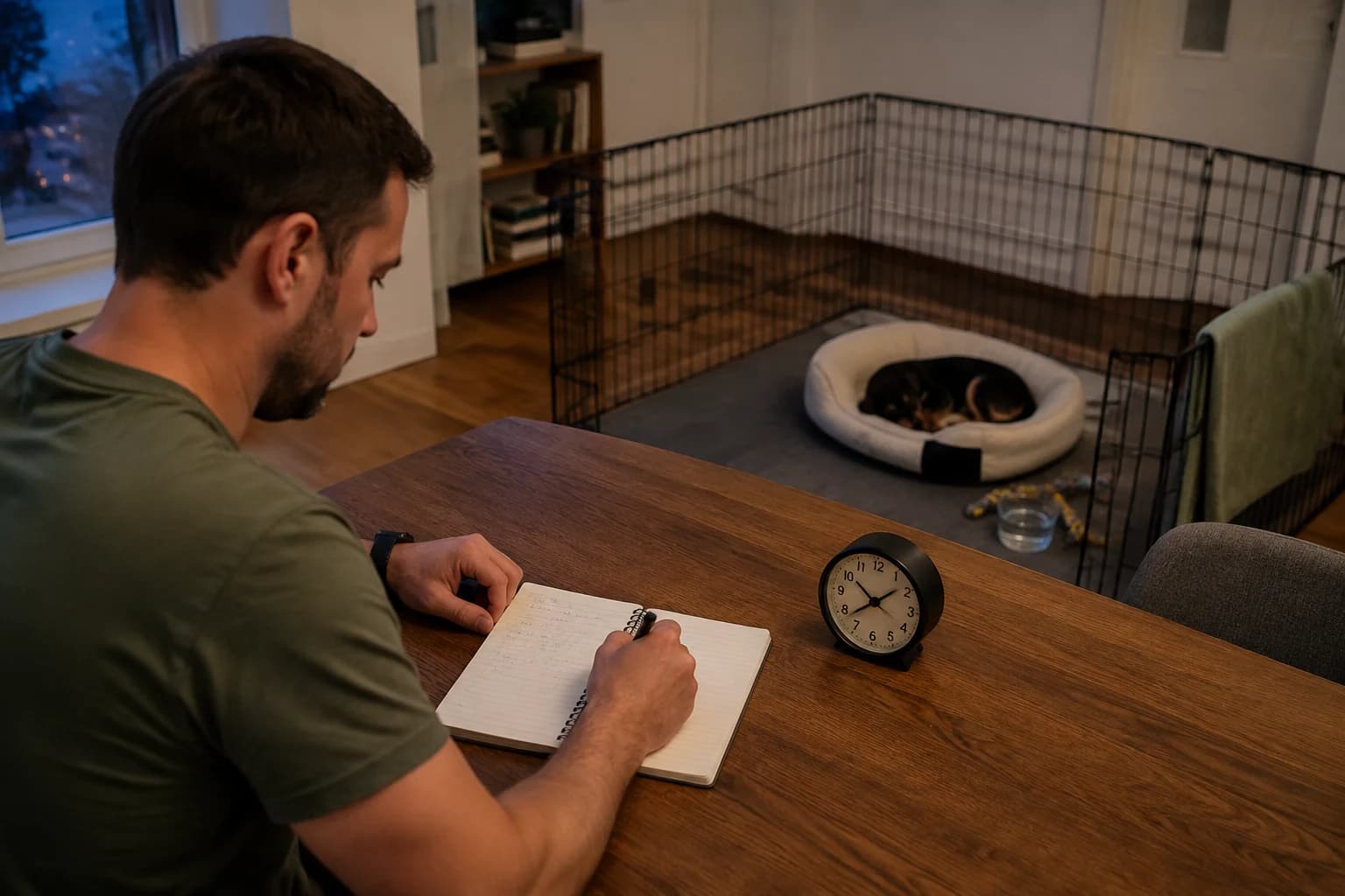 Man records an evening puppy timeline beside an analog clock while a small puppy sleeps in an open pen