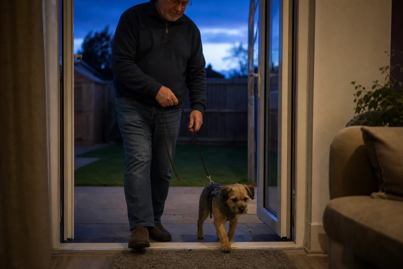 Older man guides a border terrier puppy indoors on a loose leash after a quiet evening toilet trip
