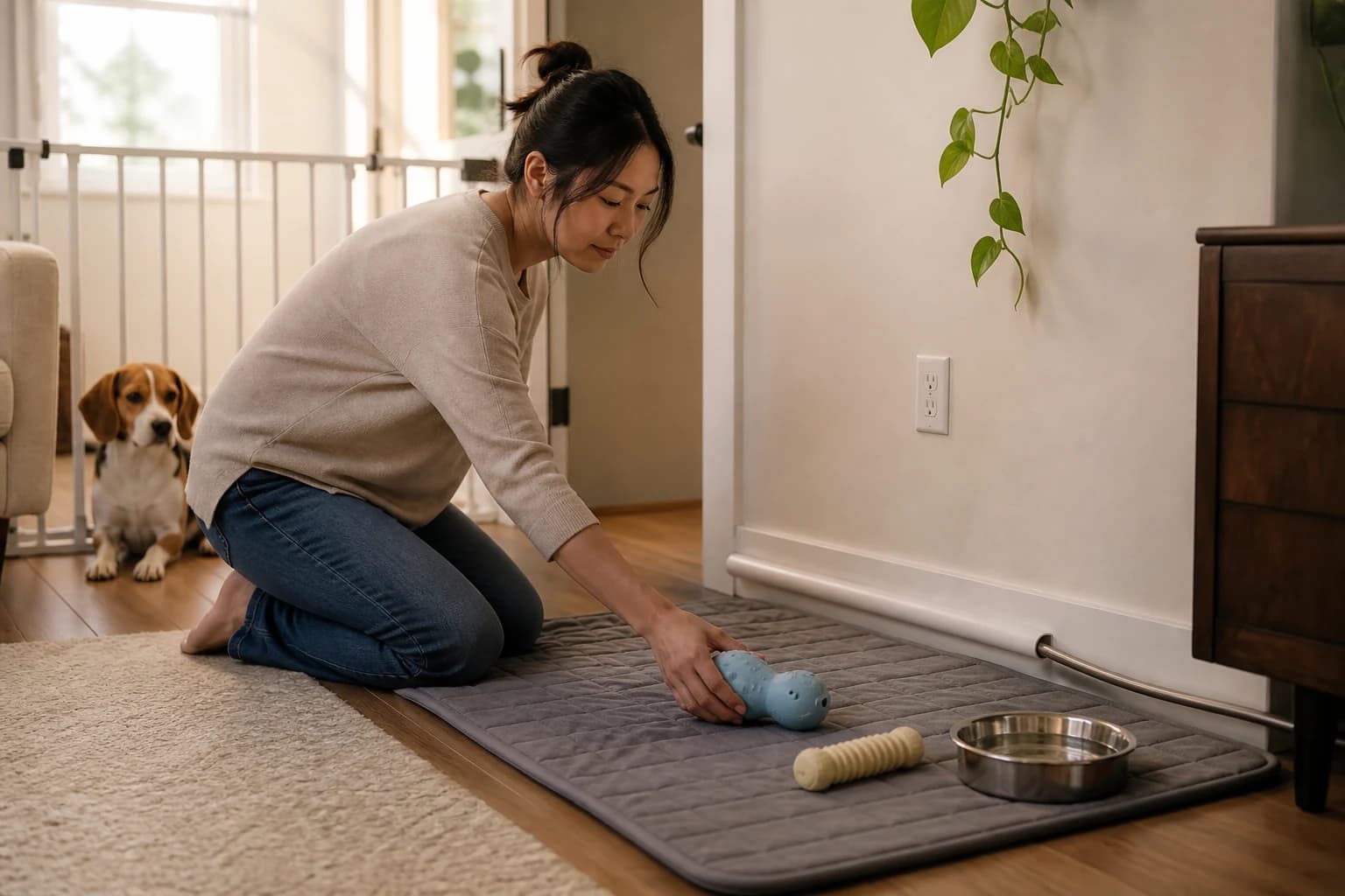 Woman prepares a gated puppy-safe rest area with a mat, water, and safe chew toys while a beagle waits nearby
