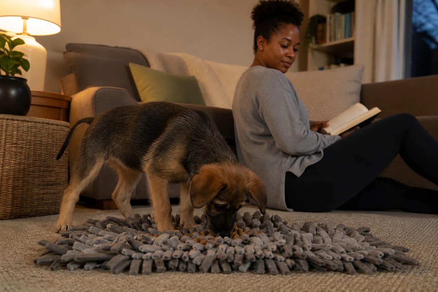 Young mixed-breed puppy sniffs kibble from a fabric mat while a woman reads quietly nearby