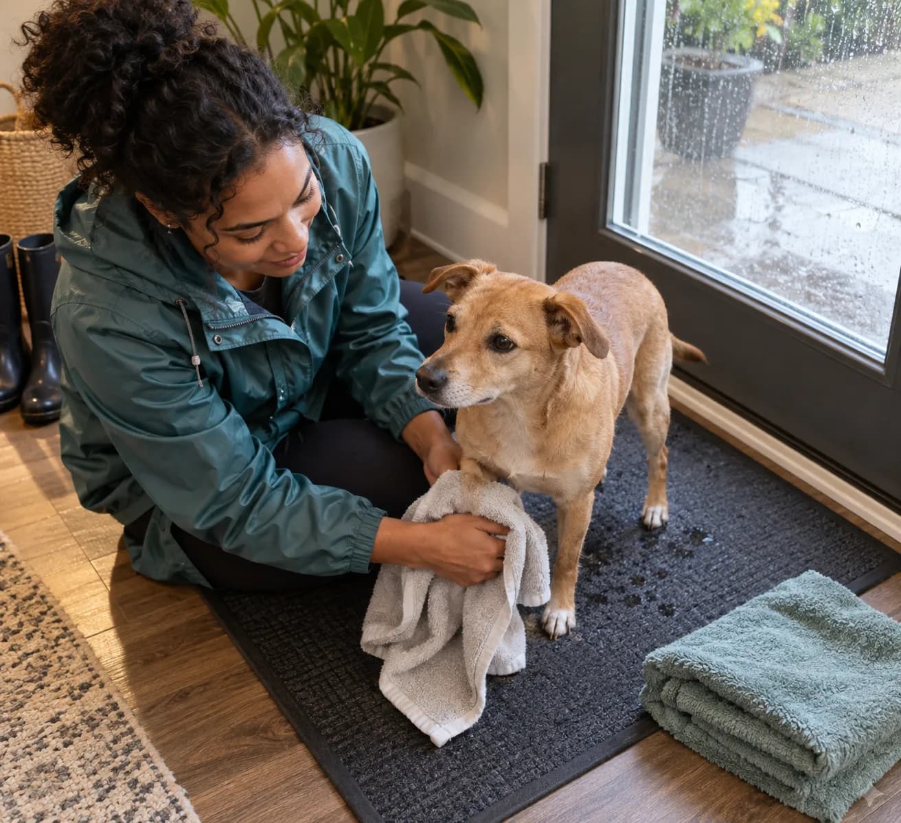 Adulte séchant doucement les pattes et le dos d'un petit chien beige avec une serviette dans une entrée chaude après la pluie