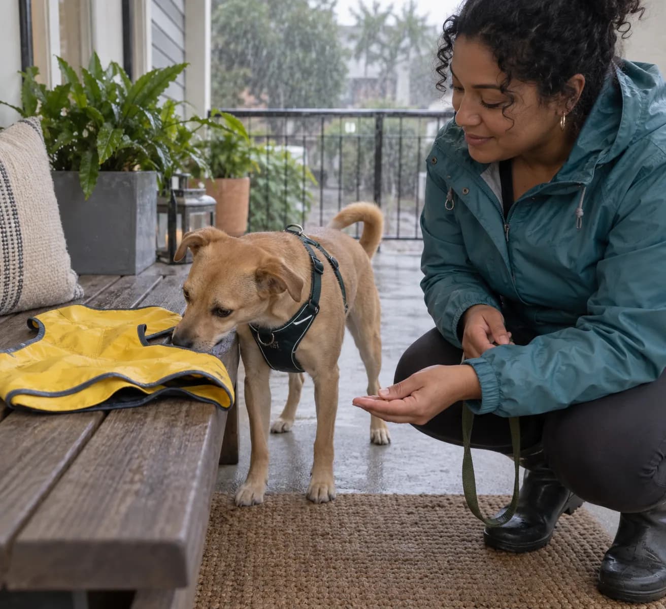 Petit chien beige reniflant volontairement un imperméable jaune posé à plat, tandis qu'une adulte propose une petite récompense