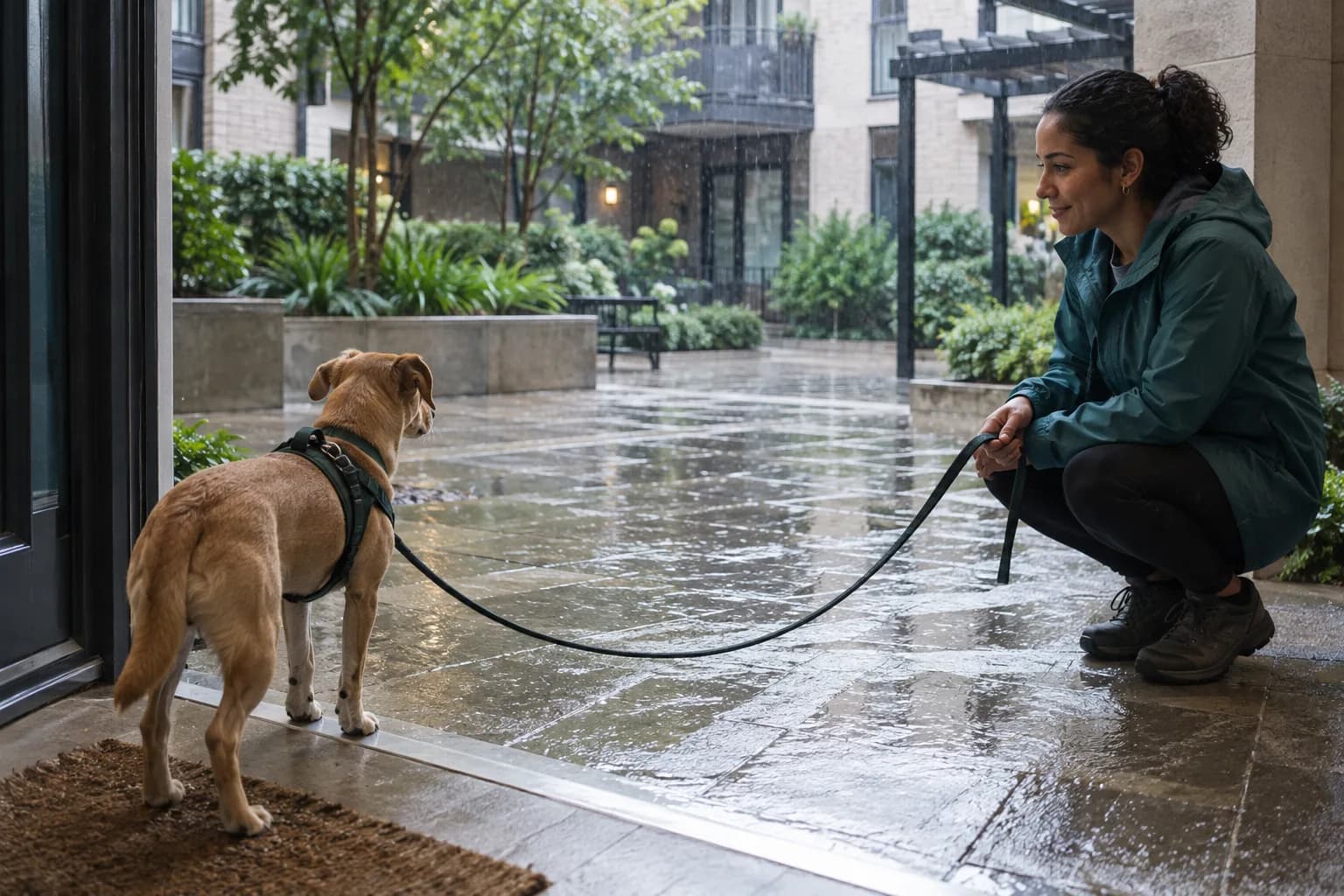 Small tan dog pauses at a sheltered courtyard doorway while an adult in a teal rain jacket waits with a loose lead
