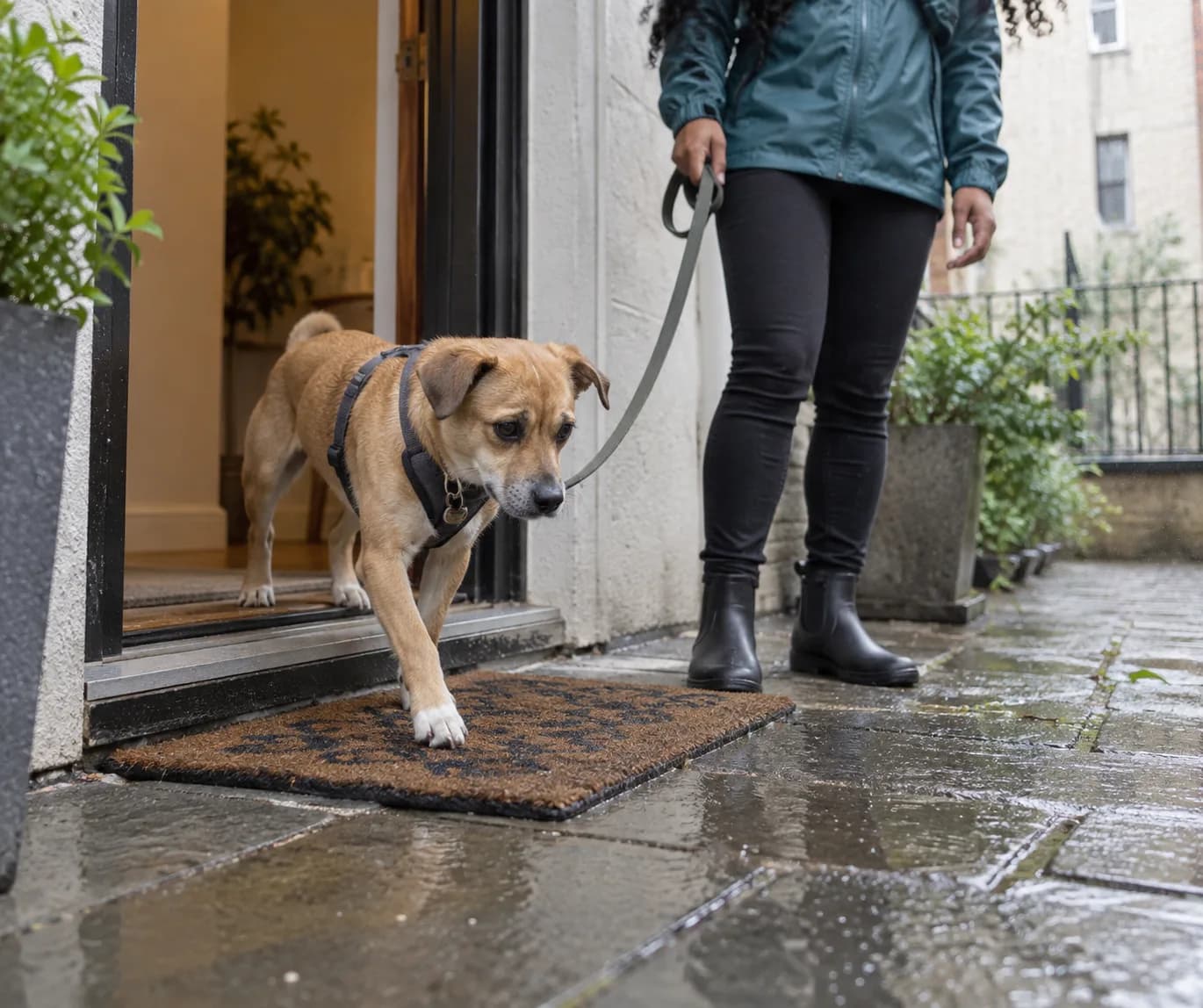 Petit chien beige franchissant volontairement un seuil humide avec une laisse détendue près d'une adulte