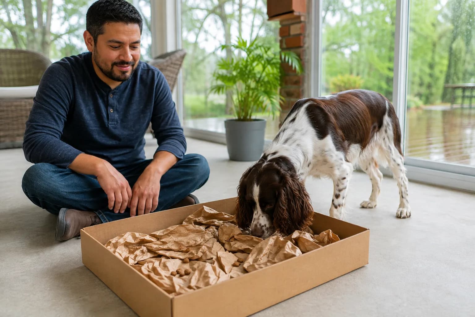 Springer spaniel searches a shallow cardboard box of large brown-paper balls while an adult supervises