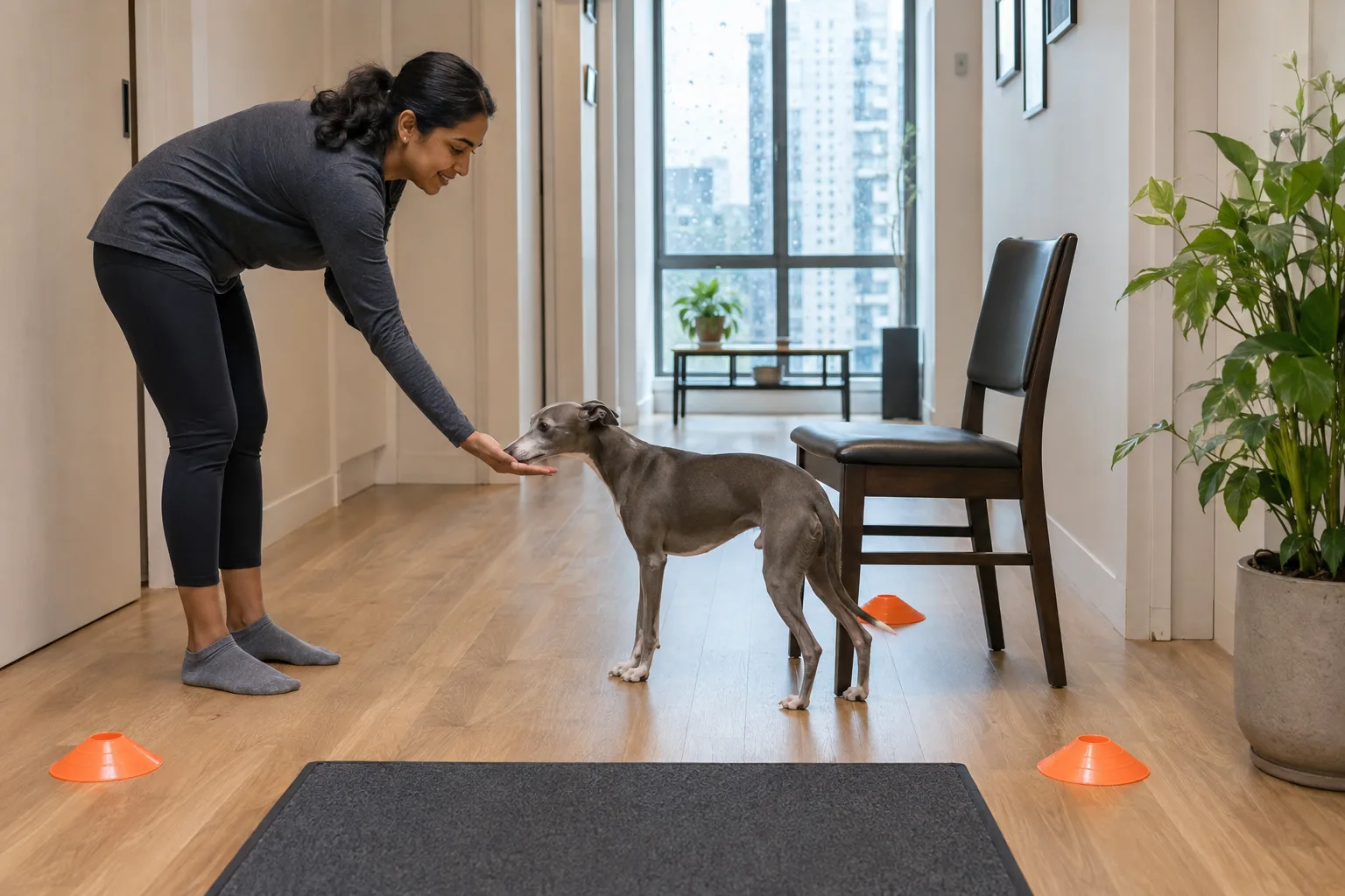 Woman guides a grey whippet through a safe indoor path using a nose touch, one chair and a nonslip mat