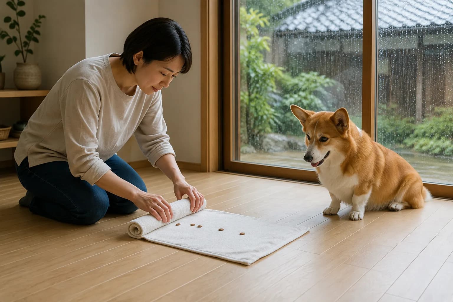 Woman loosely rolls kibble into a clean towel while a corgi waits nearby on a rainy day