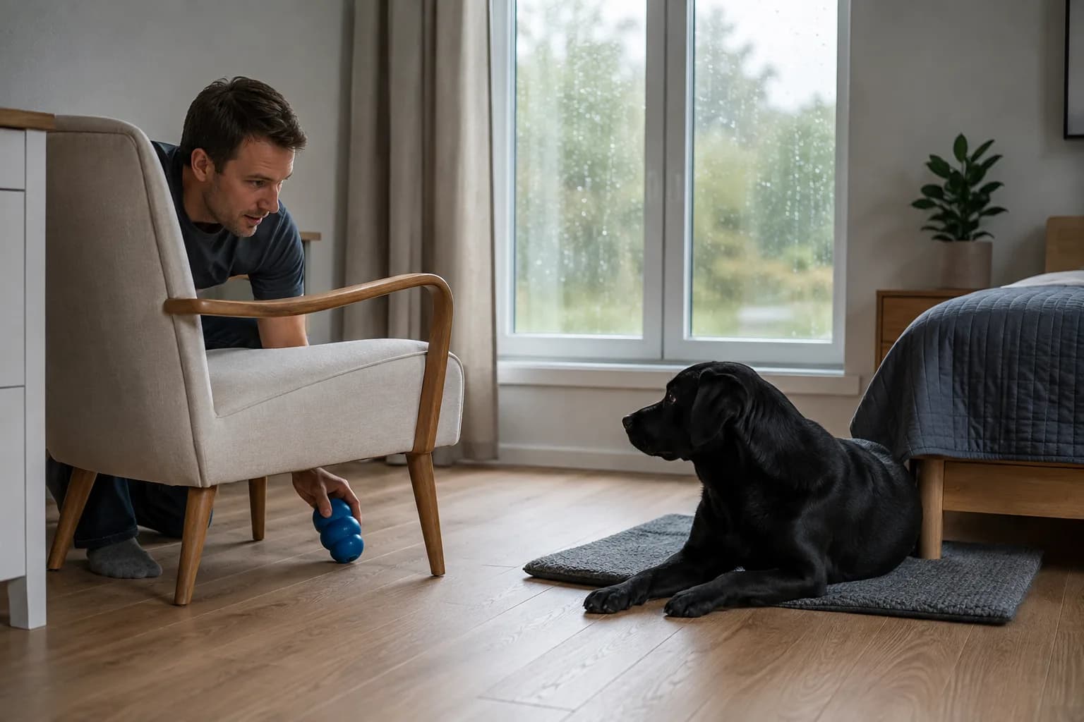 Man places a durable blue dog toy partly behind an armchair while a Labrador waits calmly on a mat