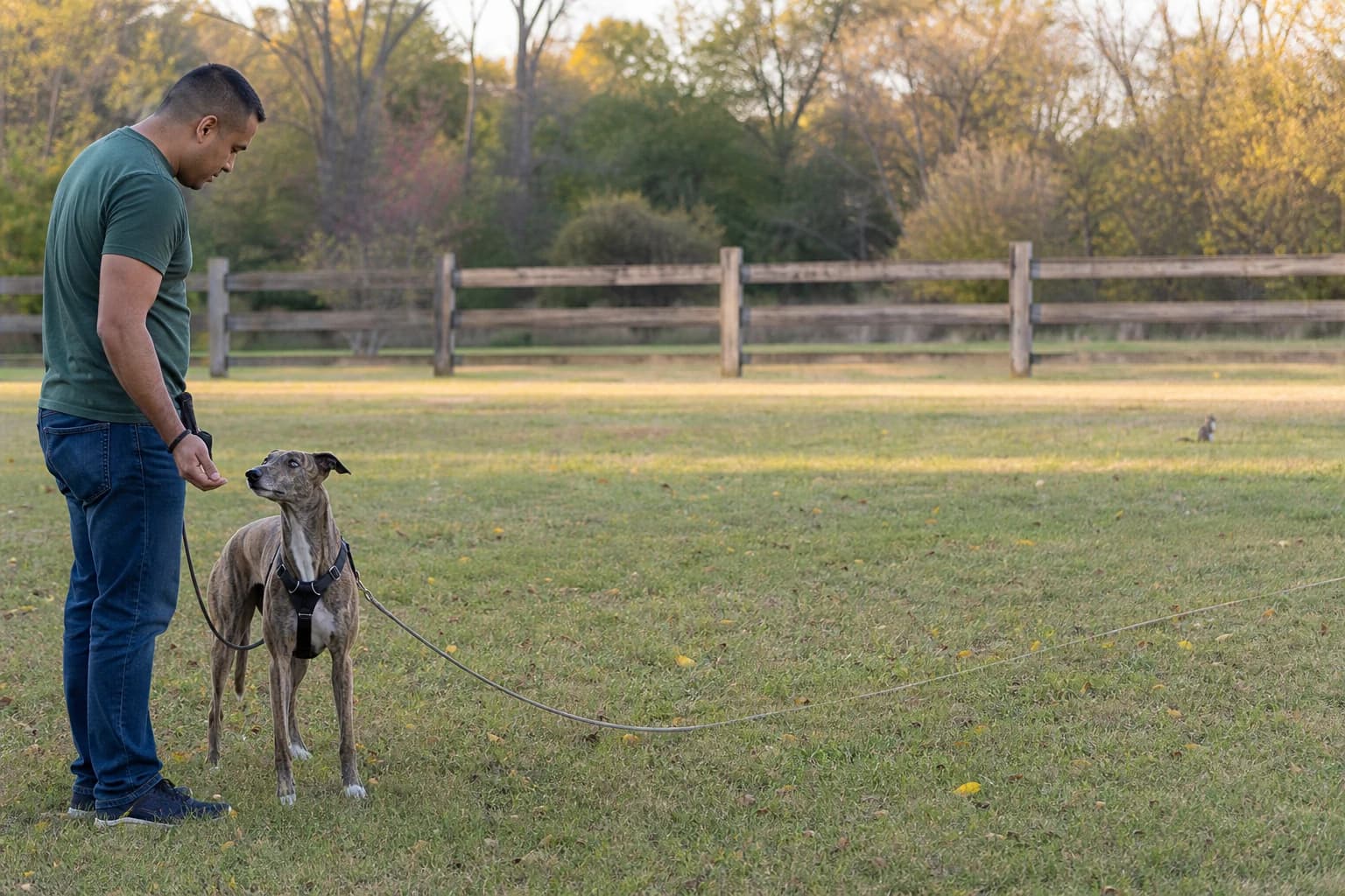 Mann belohnt einen Whippet für Blickkontakt, während ein Eichhörnchen weit hinter einem Zaun bleibt