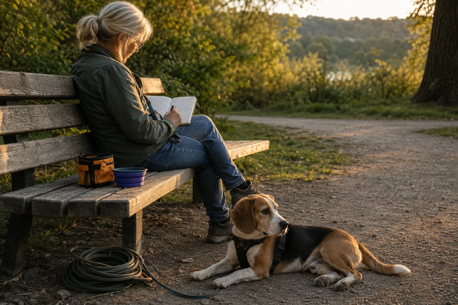 Frau schreibt Rückrufnotizen auf einer Parkbank, während ein Beagle neben der sicher aufgewickelten Schleppleine ruht