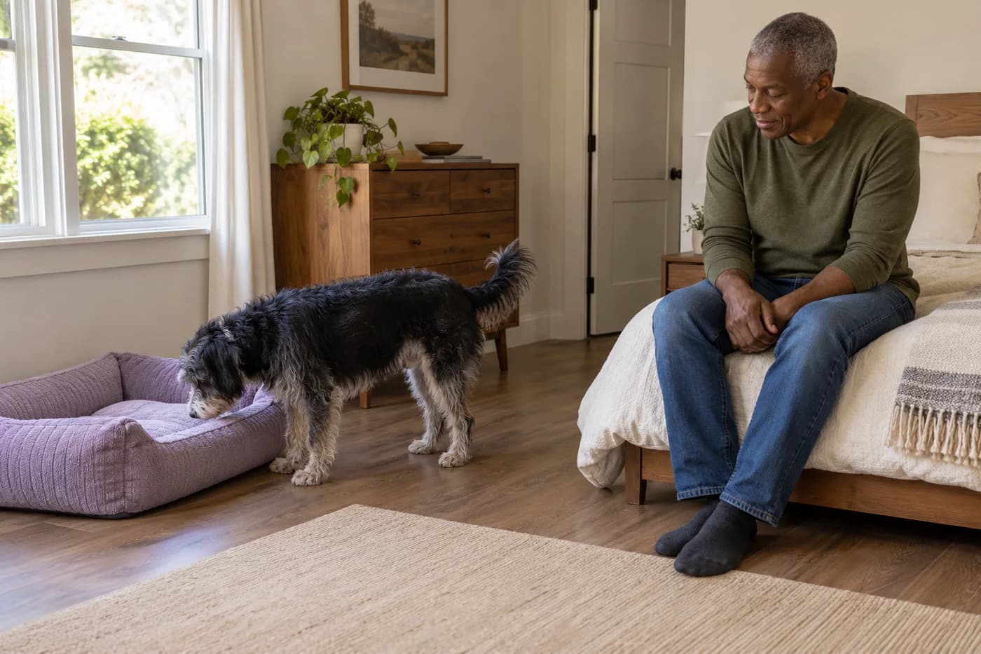 Um cachorro adulto sem raça definida cheira a borda da cama lavanda enquanto um homem sentado mantém distância e não estende as mãos