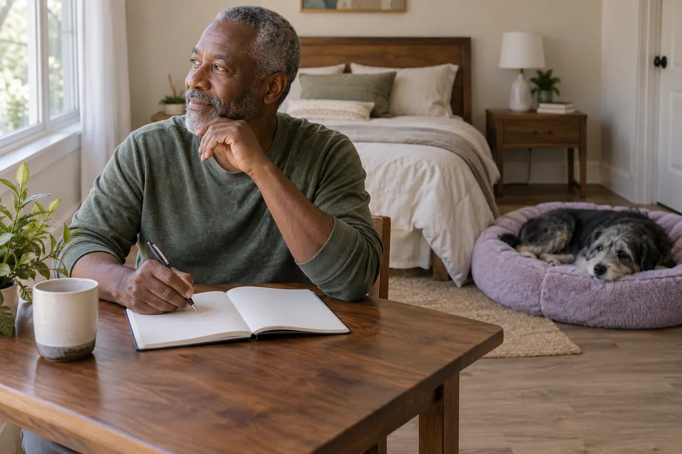 Na luz do amanhecer um homem segura uma caneta sobre um caderno em branco enquanto o cachorro preto e cinza descansa atrás dele