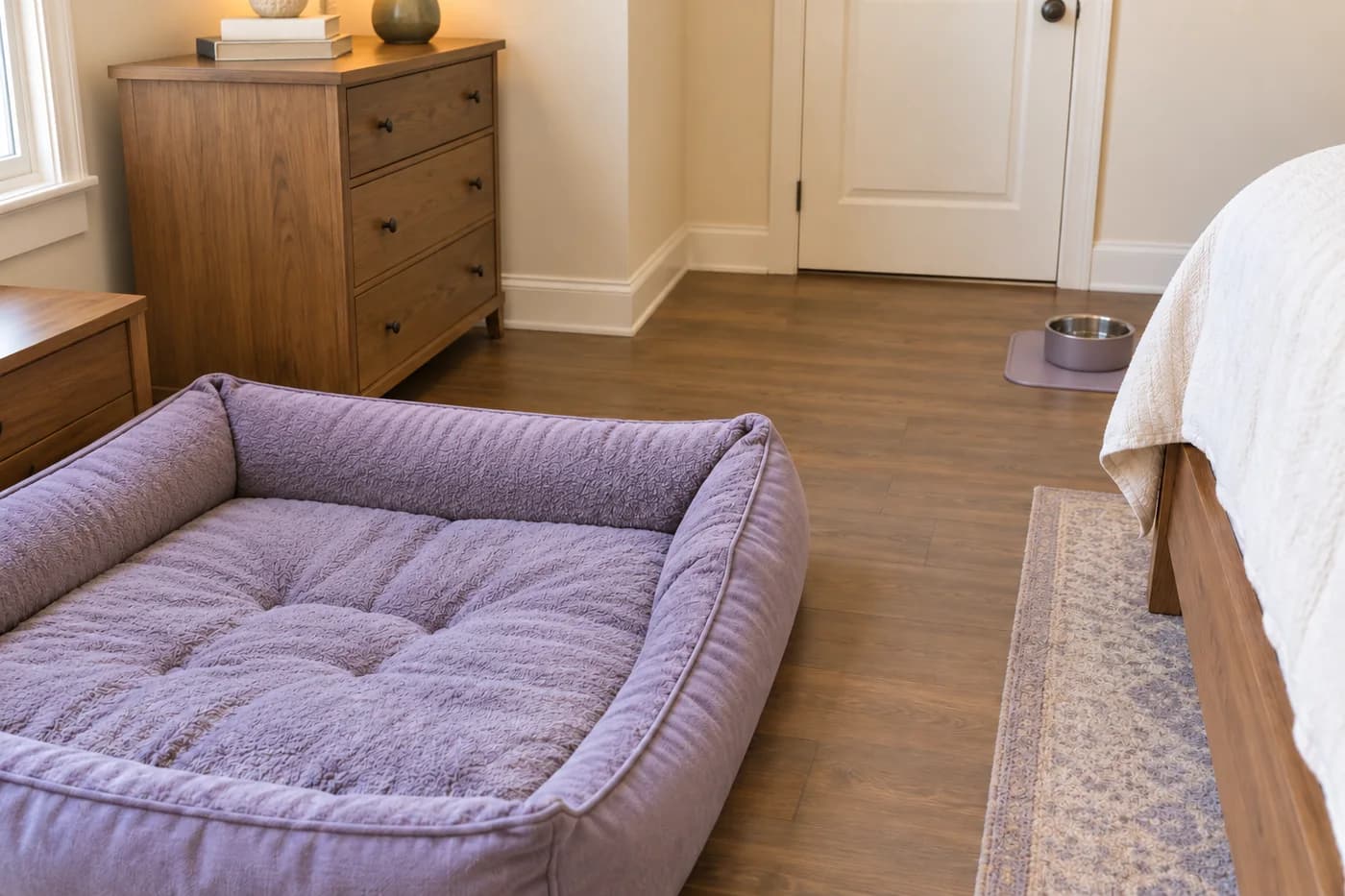 Uma cama baixa lavanda e um pote de água separado ficam num quarto organizado com passagem livre até a porta fechada