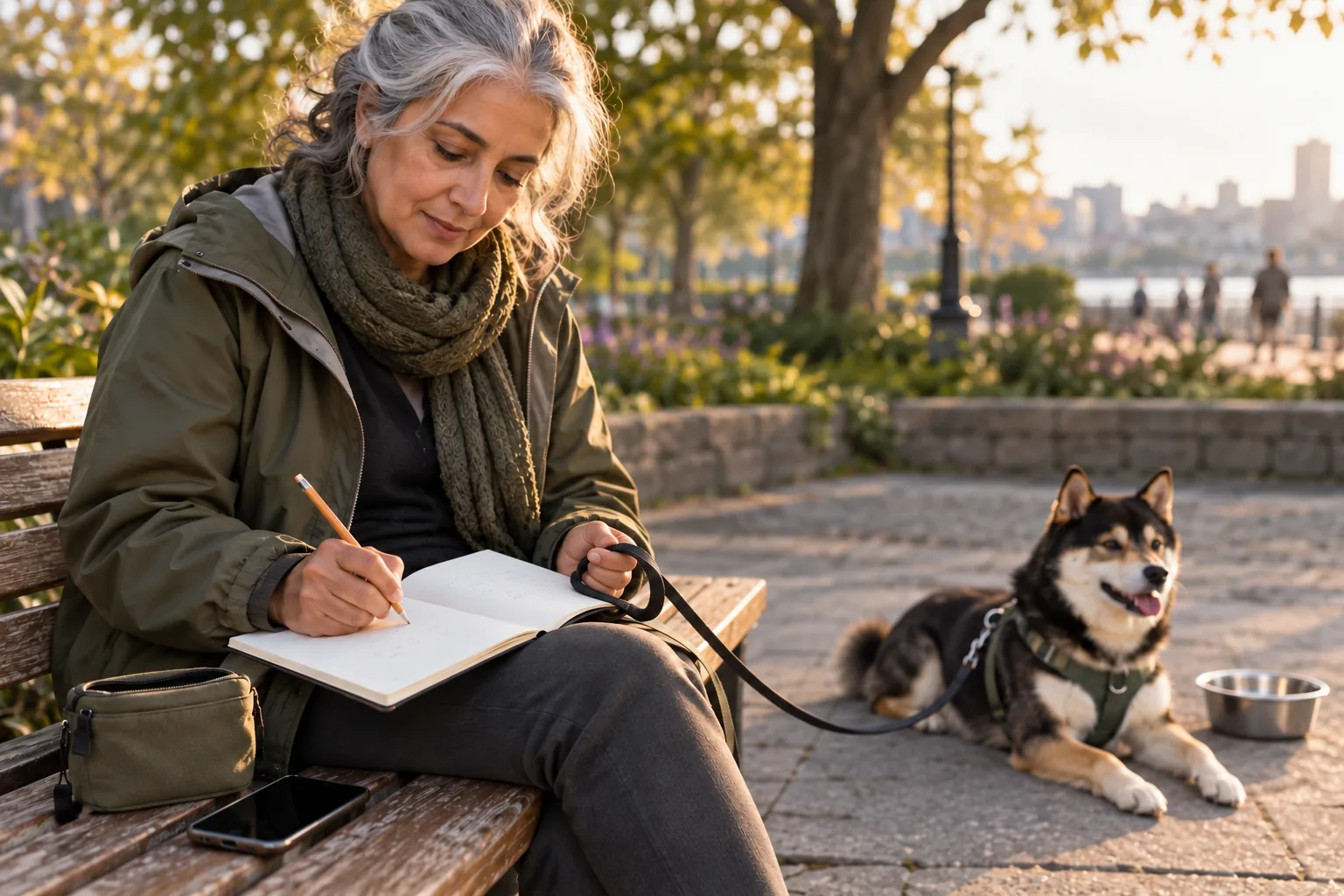 An adult makes a paper note beside a closed reward pouch while a harnessed Shiba Inu rests by a park bench