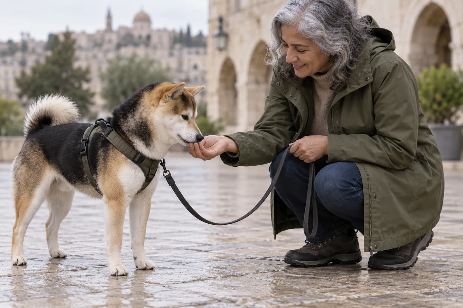 A harnessed Shiba Inu takes a small reward from an adult's open palm on clear paving with its leash held loosely