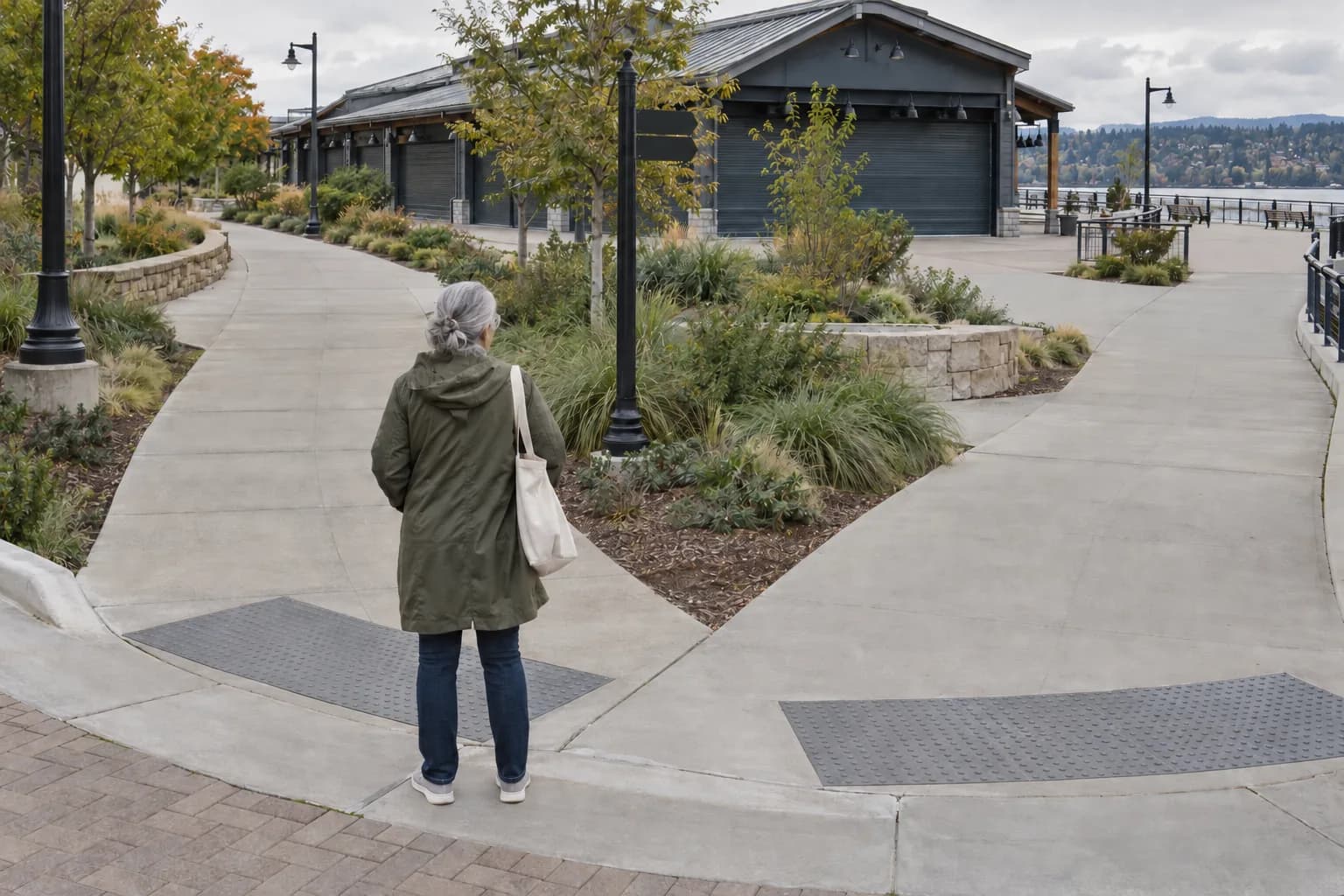 A woman looks ahead at two empty paved paths beside closed market stalls while choosing a quiet place to practise
