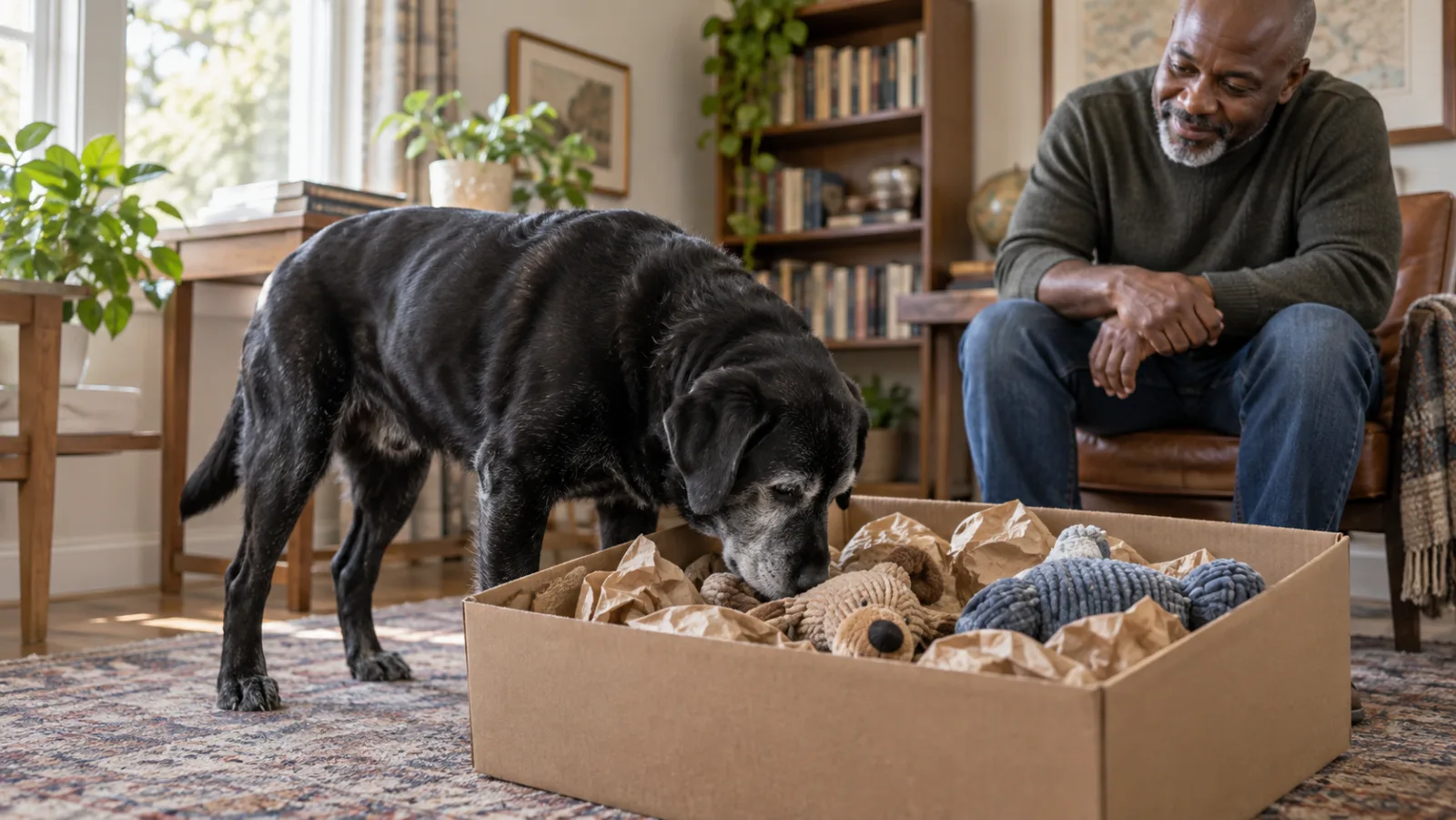 Labrador dal muso grigio cerca in un vassoio basso con grandi giochi morbidi e carta mentre un adulto osserva