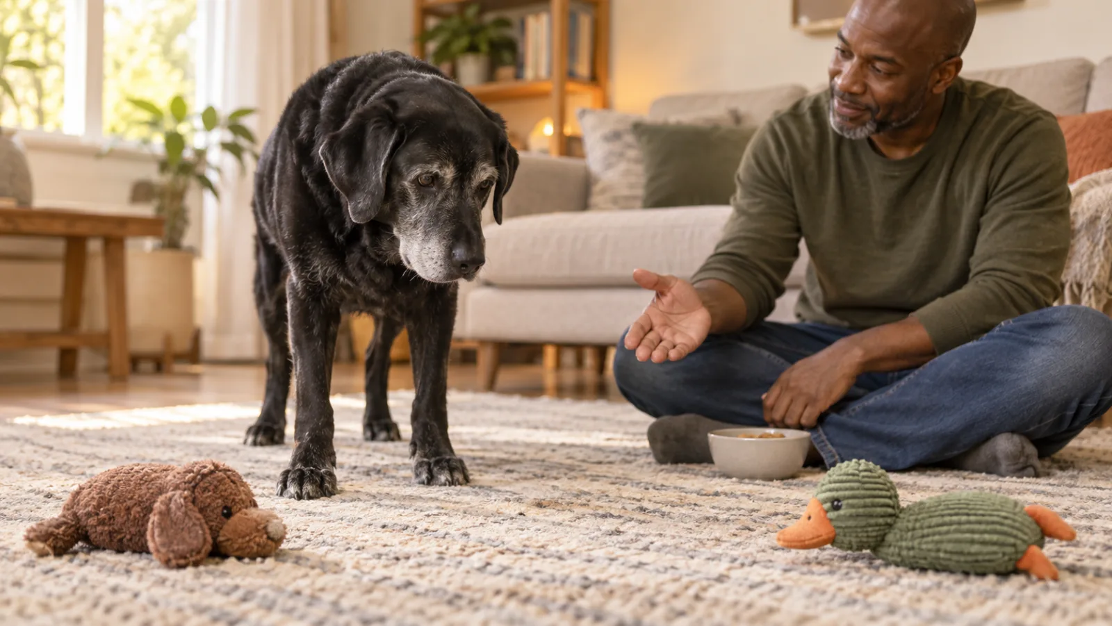 Labrador nero anziano sceglie tra due giochi morbidi mentre un adulto attende sul tappeto antiscivolo