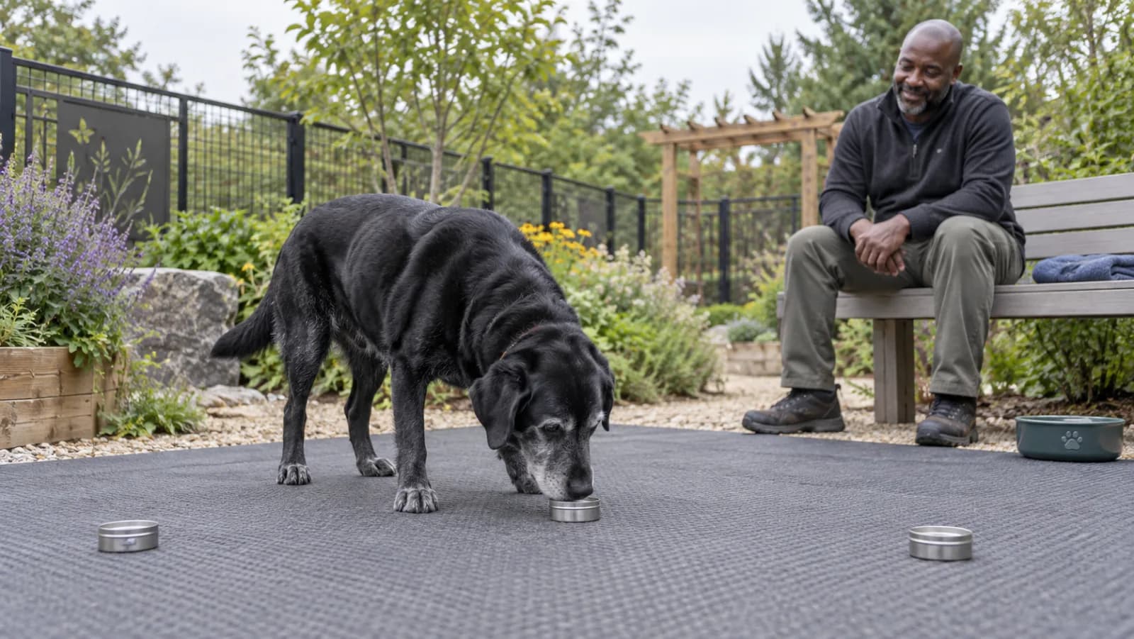 Silver-muzzled black Labrador explores shallow scent tins on a nonslip garden mat while an adult watches from a bench