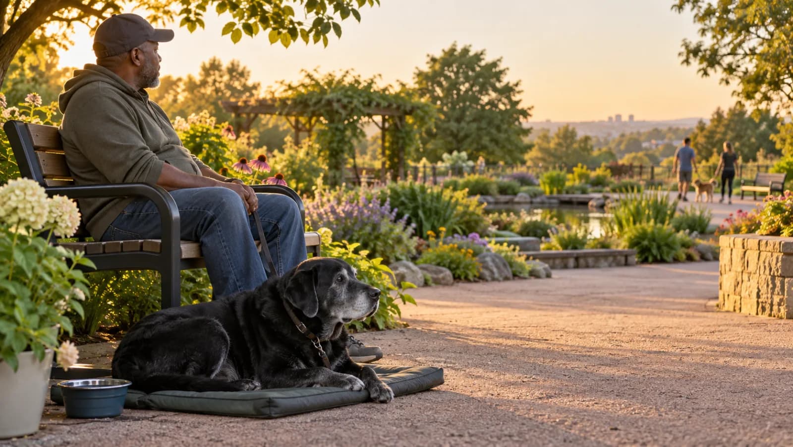 Labrador nero anziano riposa su un tappeto imbottito accanto a un adulto seduto in un giardino e guarda passanti lontani