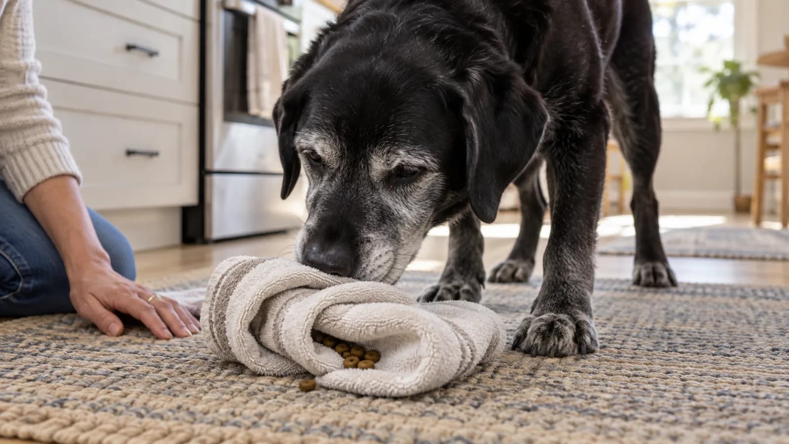 Labrador nero anziano srotola delicatamente un asciugamano con crocchette visibili su un tappeto antiscivolo