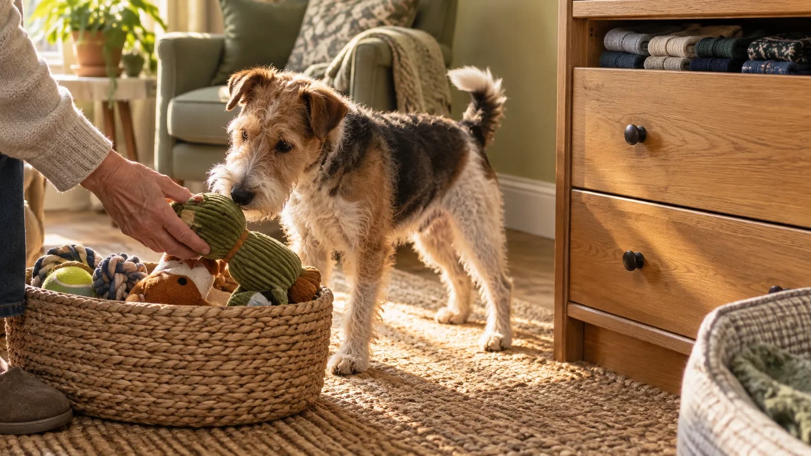 Terrier väljer en stadig hundsäker leksak ur en korg bredvid en stängd tvättlåda