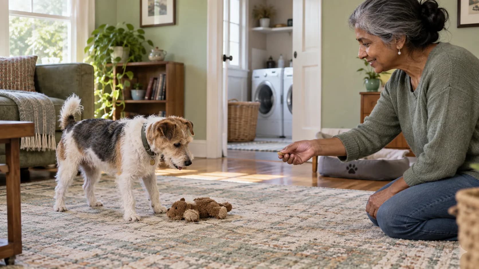Terrier släpper en mjuk leksak på golvet när en vuxen erbjuder en liten belöning utan att ta i hundens mun