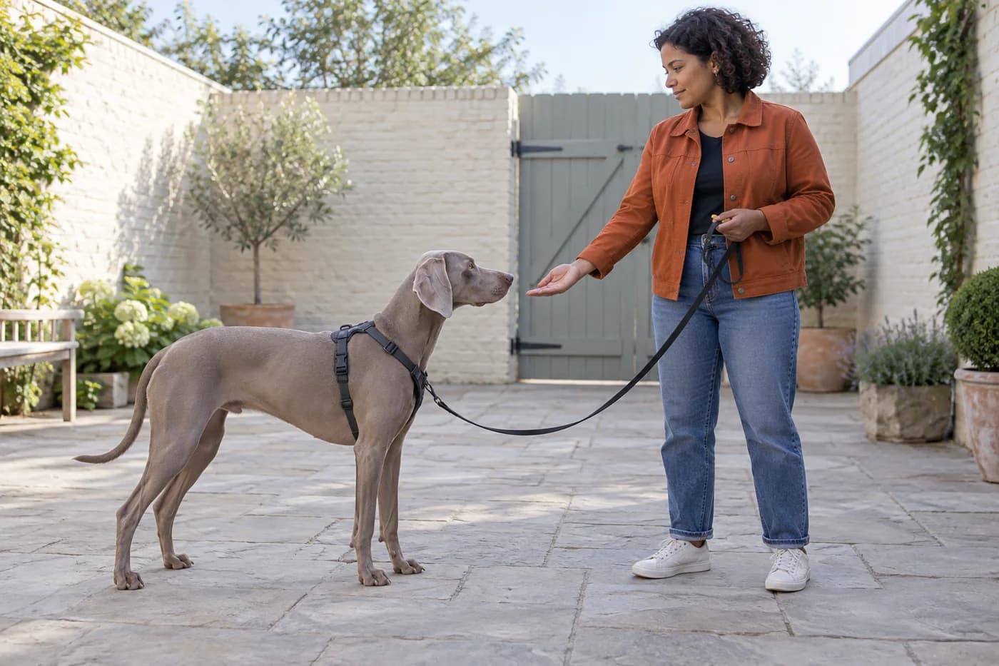 Un chien debout regarde un geste bas de la main vide ; la récompense et la laisse restent dans l’autre main