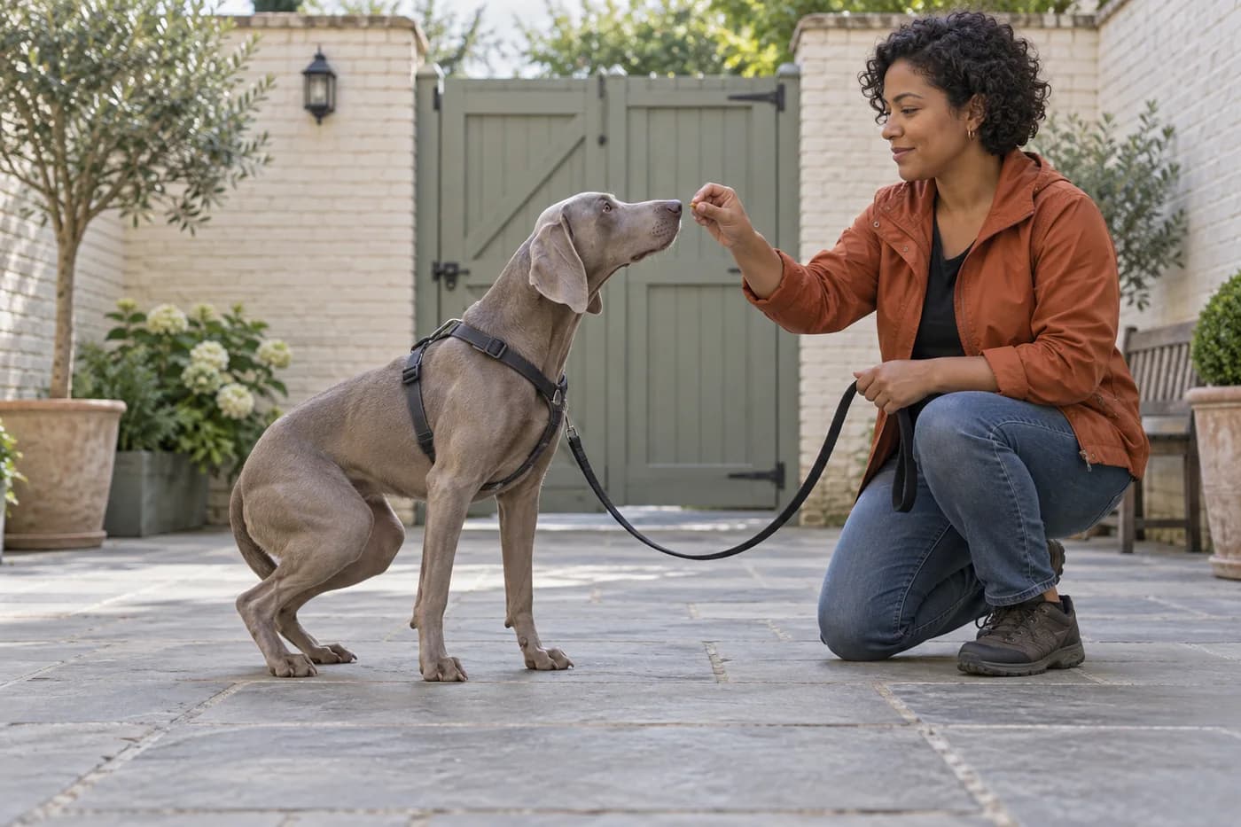 Une femme propose une petite invitation horizontale à hauteur de truffe pendant qu’un chien gris commence à se lever volontairement