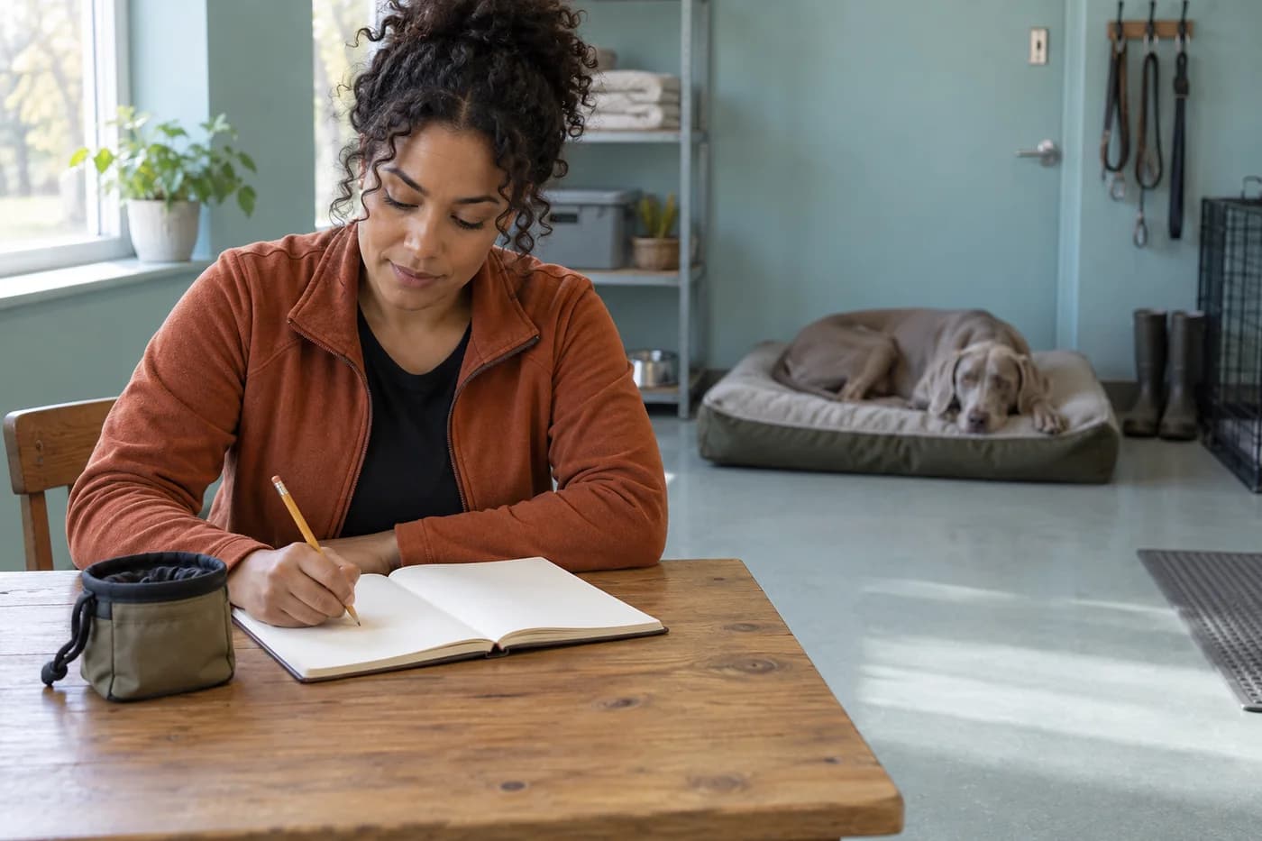Une femme écrit ses observations dans un carnet pendant que le chien gris se repose sur son couchage après une courte séance