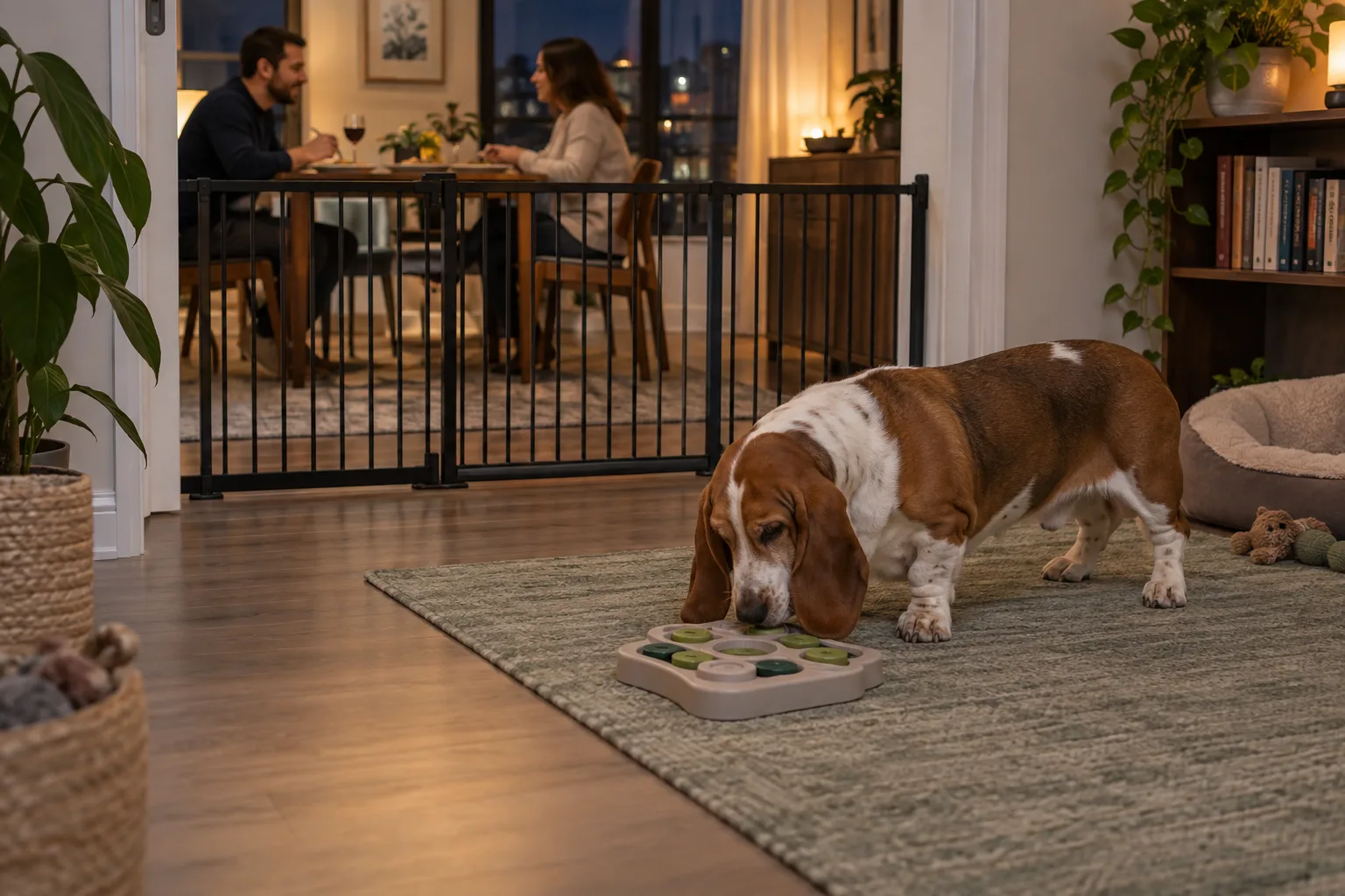 Basset hound esplora un rompicapo alimentare in una stanza adiacente dietro un cancelletto sicuro mentre due adulti cenano lontano