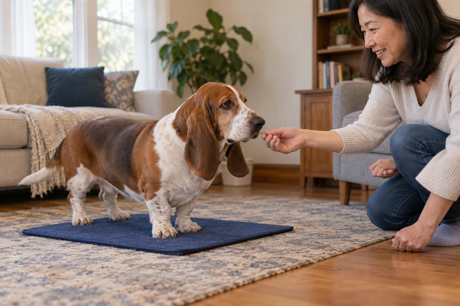 Basset hound sale volontariamente su una coperta blu scuro in una stanza tranquilla mentre un'adulta premia il passo