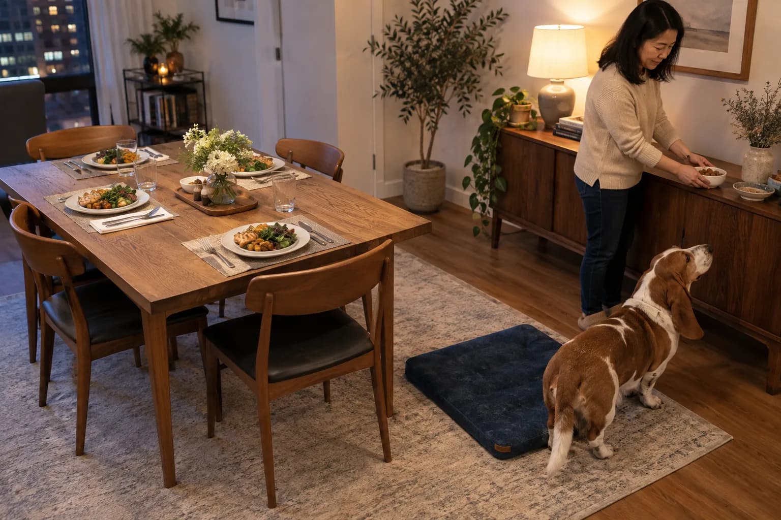 Piatti della cena su una tavola alta mentre un basset hound aspetta vicino alla coperta e un'adulta prepara premi per cani su una credenza