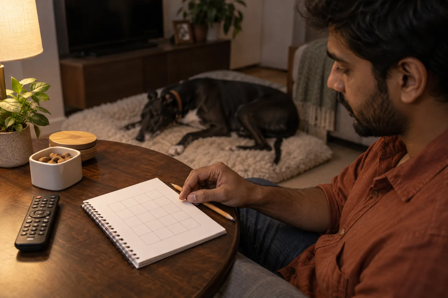 Pencil and blank practice grid beside an unbranded remote while a greyhound rests in the background with the television off