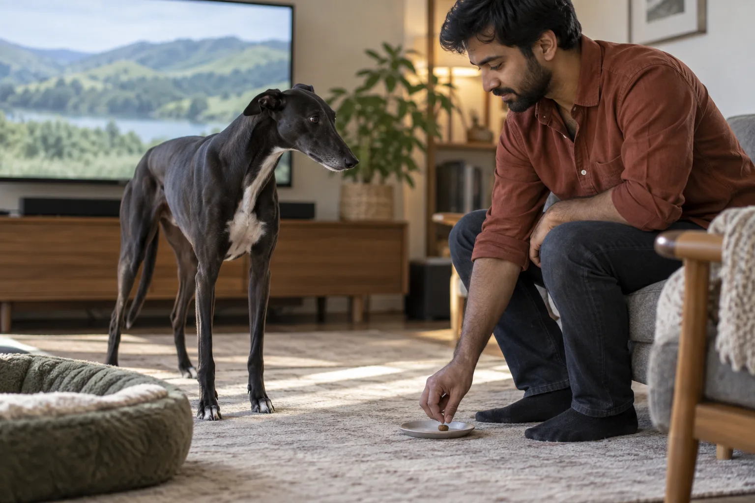 Seated adult places a small reward on a dish as a greyhound turns away from a distant television showing a still landscape