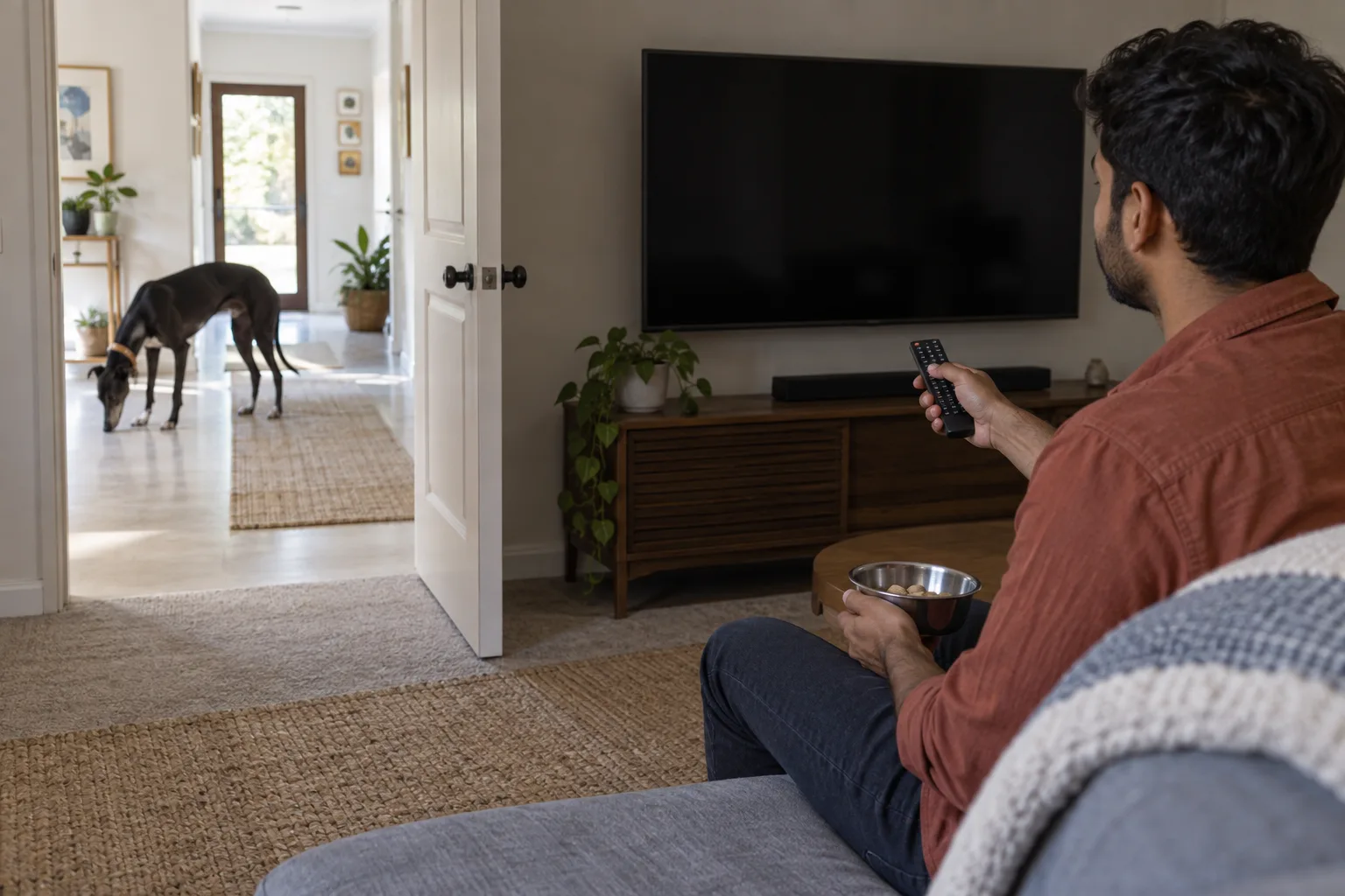 Adult holds a remote beside a dark television while a relaxed greyhound sniffs in the adjoining hallway