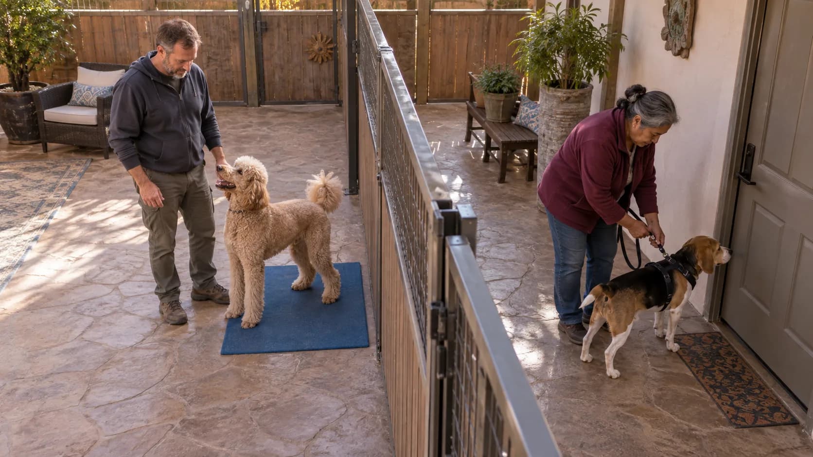 Två vuxna övervakar varsin hund på olika sidor av en säker avdelare under ett ordnat byte på uteplatsen