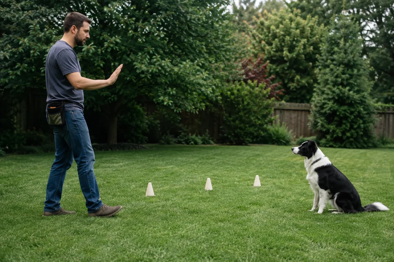 Man practises a short stay with a Border Collie using cones to change distance gradually