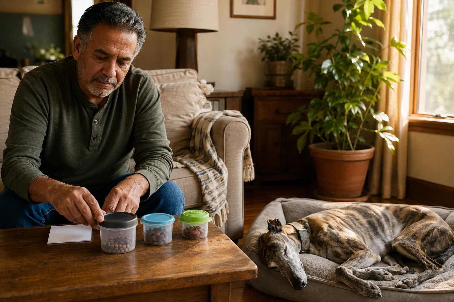 Older man prepares simple rewards while his greyhound sleeps on a bed during a planned rest day