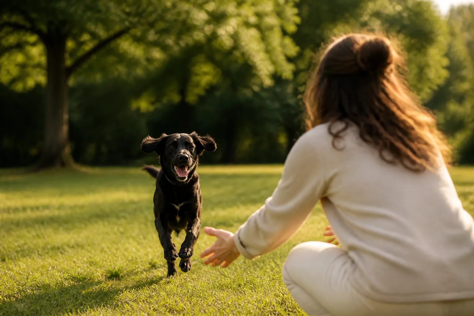 Cane che corre verso la sua guida durante la pratica di richiamo con rinforzo positivo