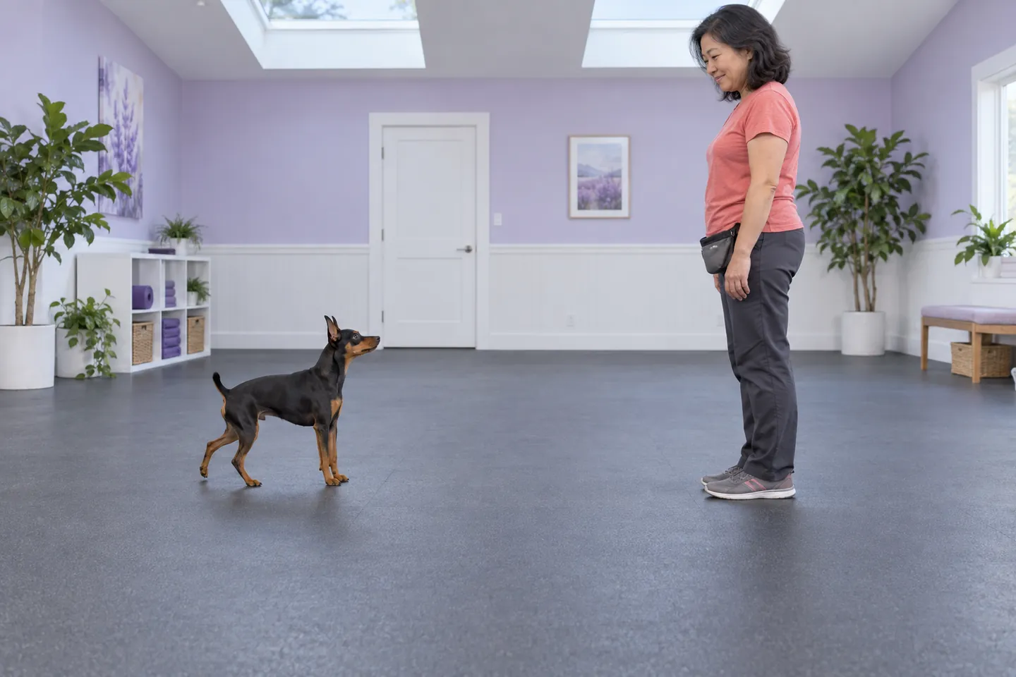 Miniature pinscher taking a small backward step on clear nonslip flooring in front of a stationary handler