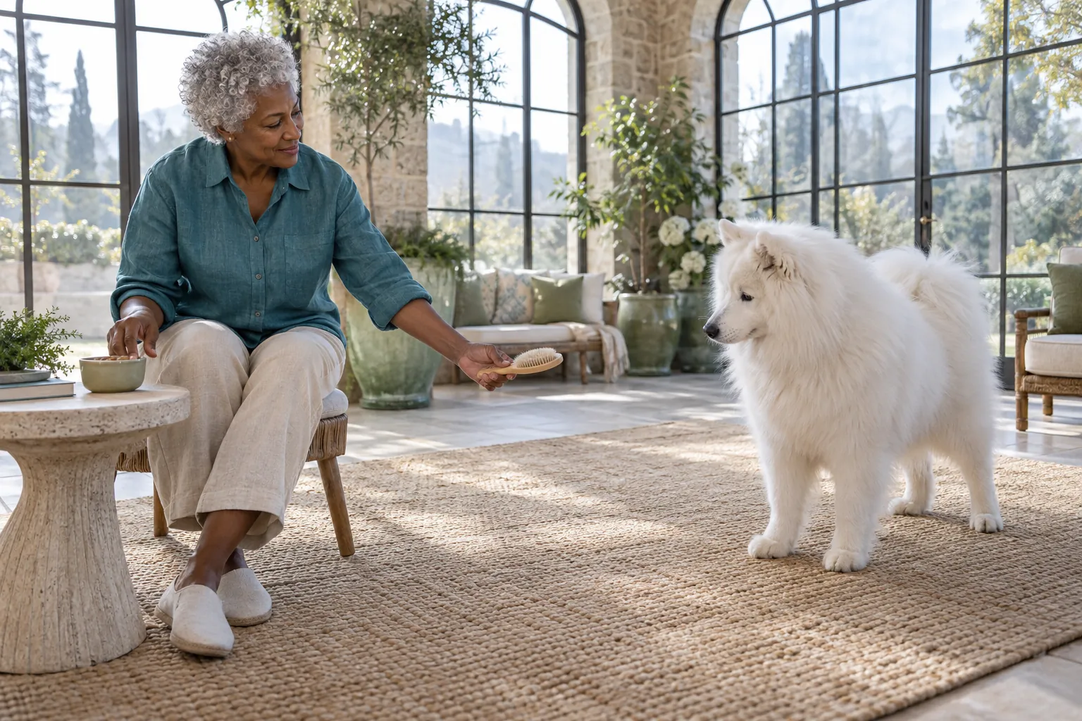 A white Samoyed stands freely on a rug while an older woman in teal holds a brush at a comfortable distance in a bright stone sunroom